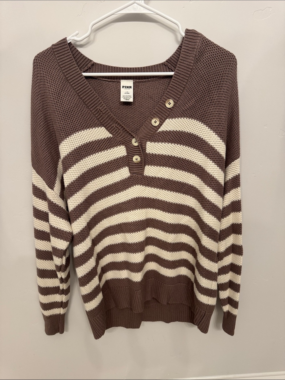 PINK Victoria's Secret Brown and Cream Striped V-Neck Button Pullover